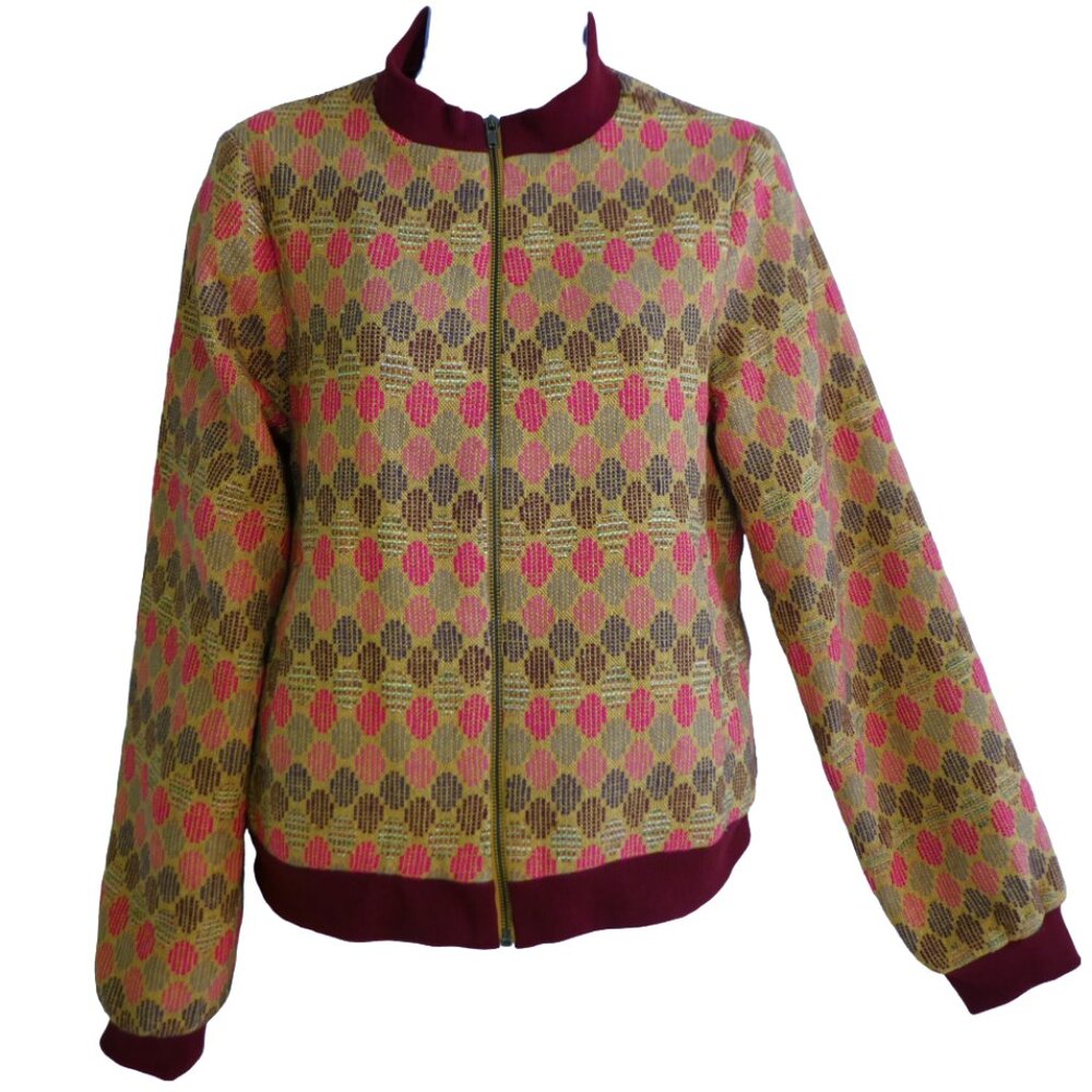 Chloe Oliver Anthropologie Geo Jacquard Bomber Jacket Full Zip Satin Lining S